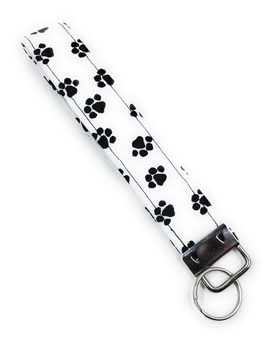 Keychain | Keyfob | Lanyard Wristlet - White with Black Paws